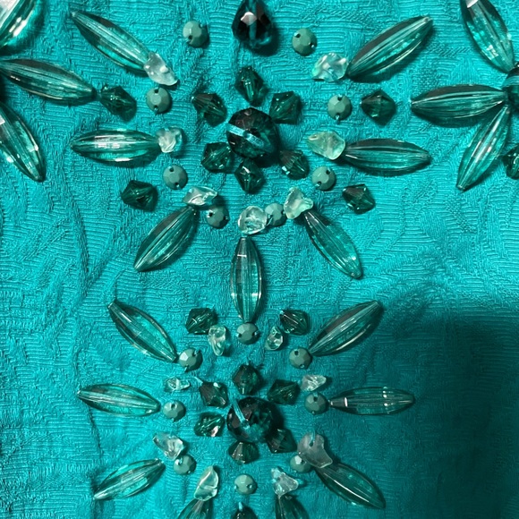 CheetaB Sunhee pretty Jacquard teal cap sleeve sheath dress w/ bodice beading - Picture 3 of 7